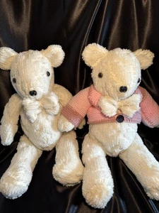 White Chenille Stuffed Plush Bears Pair Vtg 19” Boy/girl Pink Sweater/Bow Tie - Picture 1 of 11