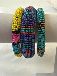 Beautiful Set Of 3 Retro Beaded Bangle/ Bracelet Multicolor - Picture 1 of 3