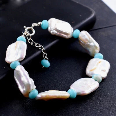 Pulsera ajustable de plata 925 con perlas de agua dulce + piedras preciosas de cuarzo Larimar Foto 1 de 4