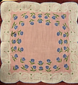 Vintage Blue Cornflowers on Pink Field Hankie Hanky Handkerchief Scalloped Edges - Picture 1 of 4