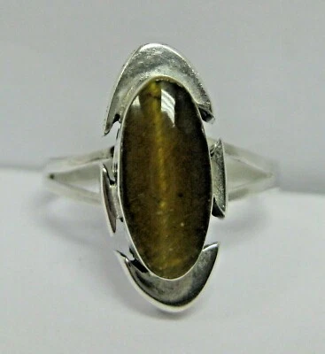 Anillo Alargado Artesanal Plata Esterlina Cabujón Ovalado Ojo de Tigre Talla 5 Hecho a Mano Foto 1 de 4