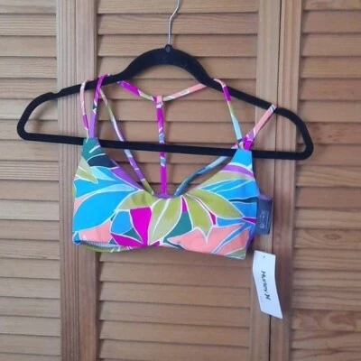 Top de Bikini Hurley Nuevo con Etiquetas Azul Rosa Verde Halter Correa en T Talla XSmall Foto 1 de 4