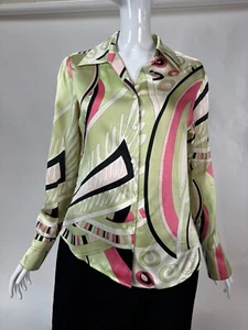 Silk Patterned Blouse By Kasper Size 6 - Green & Pink Design French Cuff Blemish - Picture 1 of 23