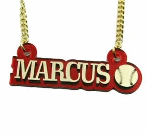 Namensschild Halskette Kette personalisiert individuell Name gold Buchstaben mit Baseball - Bild 1 von 12