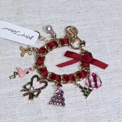Betsey Johnson Gold Tone Holiday Christmas Winter Crystal Charm Toggle Bracelet - Image 1 of 4