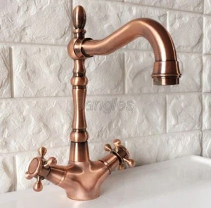 Antique Red Copper Double Cross Handle Bathroom Sink Faucet Basin Mixer Tap - Picture 1 of 9