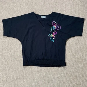 VINTAGE 80s Blouse Womens Small 10 Oversized Black Jewel Floral Application USA - Picture 1 of 10