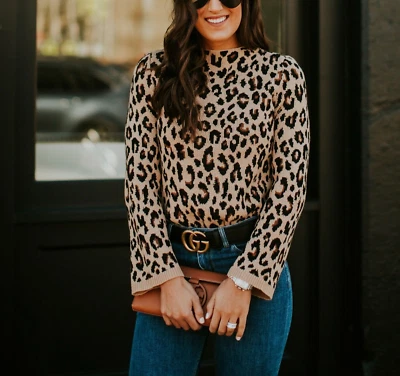 Suéter tejido Ann Taylor para mujer XS estampado de leopardo mezcla de lana cuello falso marrón Foto 1 de 4