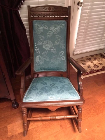 Antique Victorian Oak Rocking Chair Rocker Carved Wood Turquoise upholstery EUC Cover