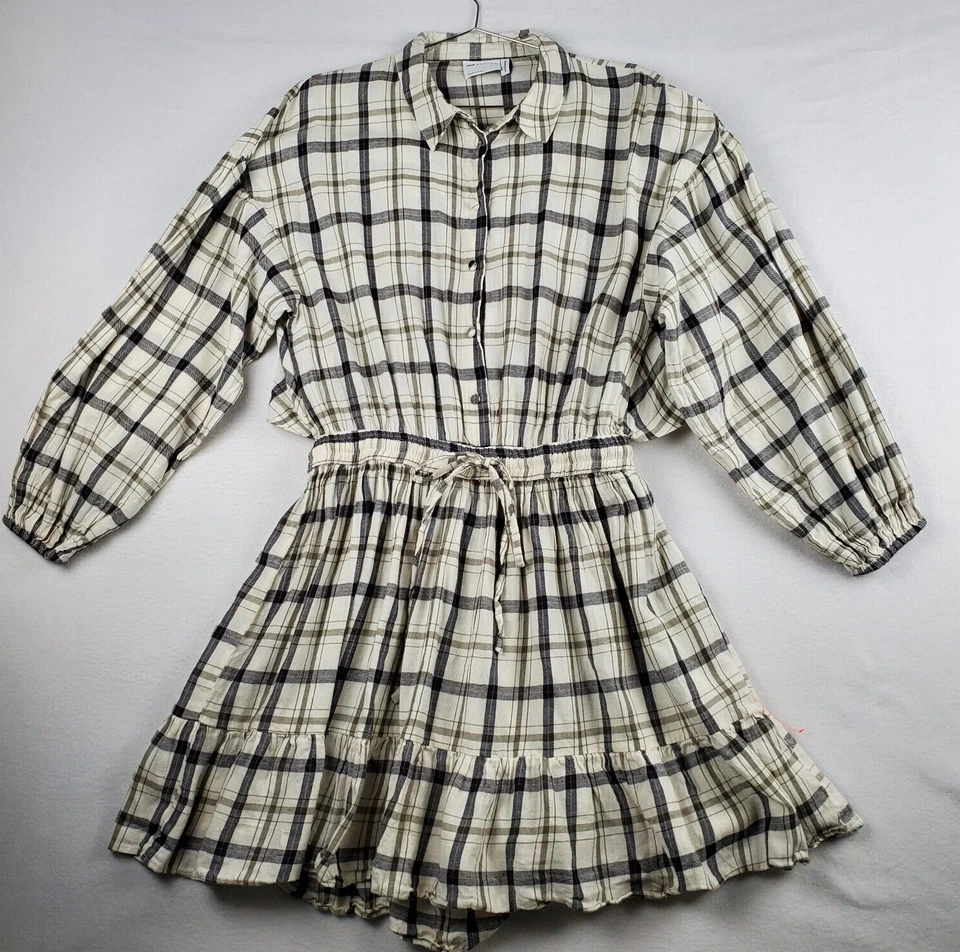 Asos Design Mini Skater Shirt Dress Women 12 CreamBlack Plaid Cotton Drawstring - Image 1 of 4