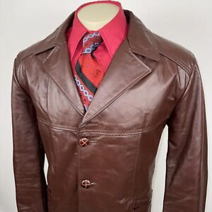 Vtg 60s 70s Sears Leather Shop Jacket Trench Coat Disco Fur Lined Mens 44 Reg