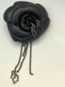 Chanel Leather Camellia Pin Brooch Corsage Black Chain Silver