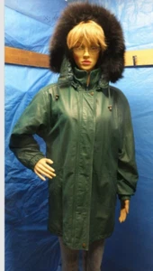 Jaqueline Ferrar Women's Leather Parka Jacket Green Hood Black Faux Fur Medium - Picture 1 of 8