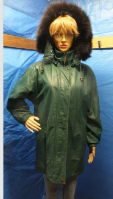 Jaqueline Ferrar Women's Leather Parka Jacket Green Hood Black Faux Fur Medium - Image 1 of 4
