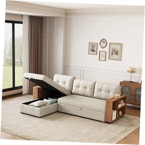 Upholstered Sleeper Sofa,L Shaped Sectional Corner Couch with Storage Beige - Picture 1 of 8