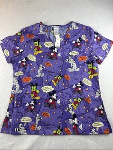 Scrub Top Disney Women's Mickey Mouse Halloween Sz M Trick or Treat~ Purple - Picture 1 of 9