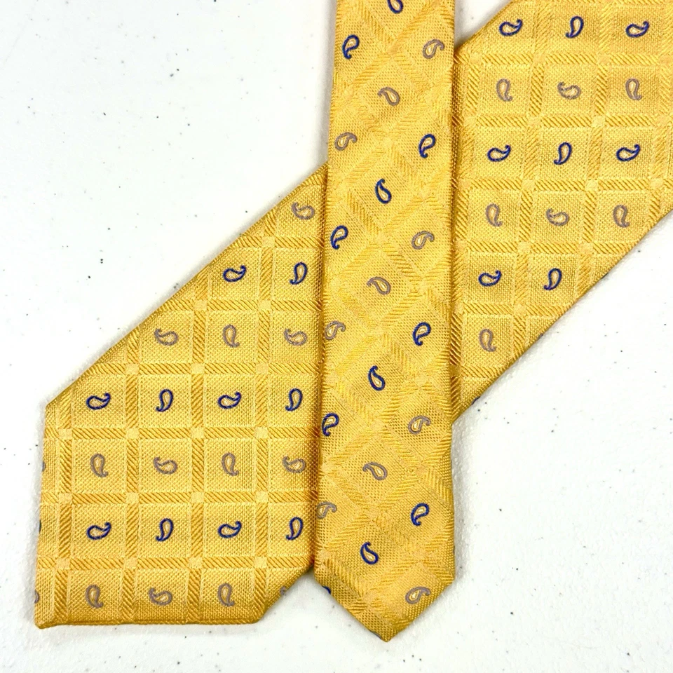 Canali 意大利男式黄色几何图案佩斯利提花丝绸领带 $225 — 第 1/4 张图片