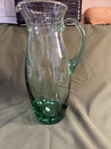 Handblown Green Glass Tall Pitcher 11”T x 4.5”W Made In Mexico - Picture 1 of 5