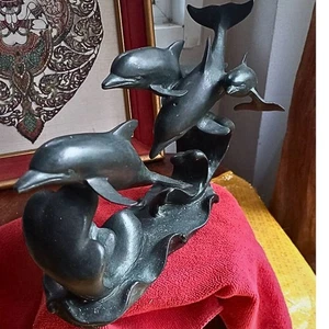 Large Rare Vintage 4 Dolphins Riding Wave Figurine Bronze Sculpture Statue 13"L - Picture 1 of 24