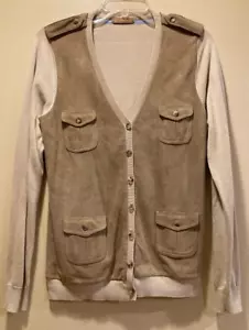 Massimo Dutti Designer Cardigan Tan Cotton & Soft Leather Long Sleeve Size Large - Picture 1 of 6