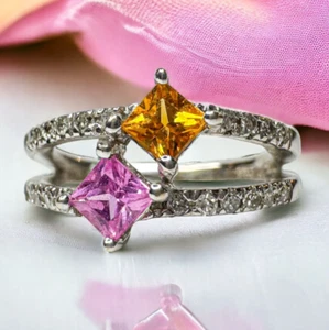 14K Gold - natürlicher Saphir & Diamant Ring Toi et Moi Orange und Rosa - Weißgold - Bild 1 von 21