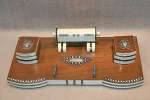 Vintage and Huge Art Nouveau Wood Plastic Ceramic and Silver Desk Inkwell - Foto 1 di 12