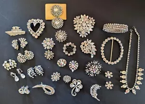 Vintage Lot 35 pc Rhinestone Jewelry Brooches Earrings Necklace Bracelet Buckle - Picture 1 of 11