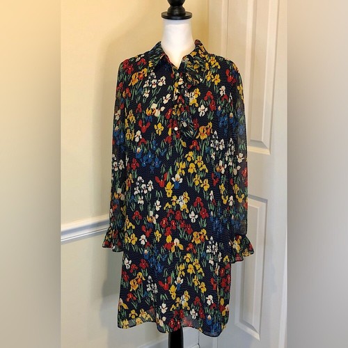 Abito a pois floreale TORY BURCH blu navy con polsino e colletto arricciato taglia 12