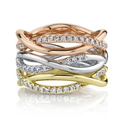 Diamond Stackable Infinity Rings 14K Tri Color Gold Twist Braid Round Cut 0.51CT - Image 1 of 2