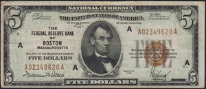 Fr.1850-A 1929 Boston $5 Federal Reserve Bank Note Very Fine - Picture 1 of 2