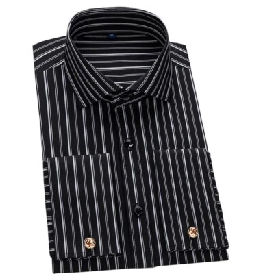 Mens Dress Shirts Luxury French Cuff Formal Business Cufflinks Strisp Shirts Top - Image 1 of 4