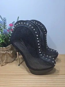 Botines SHOEDAZZLE Zalika Negro Malla Tachonados Tacón Plateado Talla 10 - Imagen 1 de 13