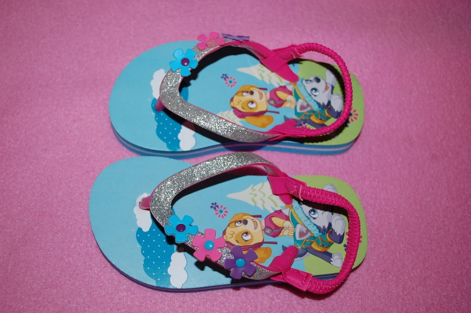 Baby Toddler Girls PAW PATROL FLIP FLOPS Silver Glitter Strap FLOWERS Size S 5-6 - Image 1 of 1