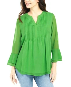 Blusa Top Charter Club Mujer Verde Plisada Frontal Cuello Dividido Manga Campana Talla XS - Imagen 1 de 7