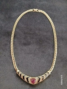 Christian Dior Vintage 1980s Ruby Black Crystals Triangle Pendant Necklace Gold - Picture 1 of 13