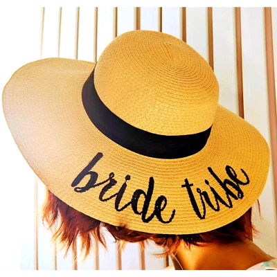 Womens Hat Embroidered Elegant Bride Tribe Wide Brim Woven Straw Sun Beach Hat - Image 1 of 4