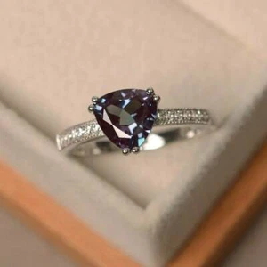 2.00Ct Trillion Cut Alexandrite Solitaire Engagement Ring 14K White Gold Finish - Picture 1 of 6