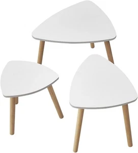 Nest of 3 Modern Coffee Side Tables Wood Triangular End Table Set White/Grey - Picture 1 of 8