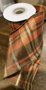 3 1/3 Yd 4" Wide Dupioni Fall Plaid Ribbon Orange Brown Gold Metallic Wired Mary - Picture 1 of 4