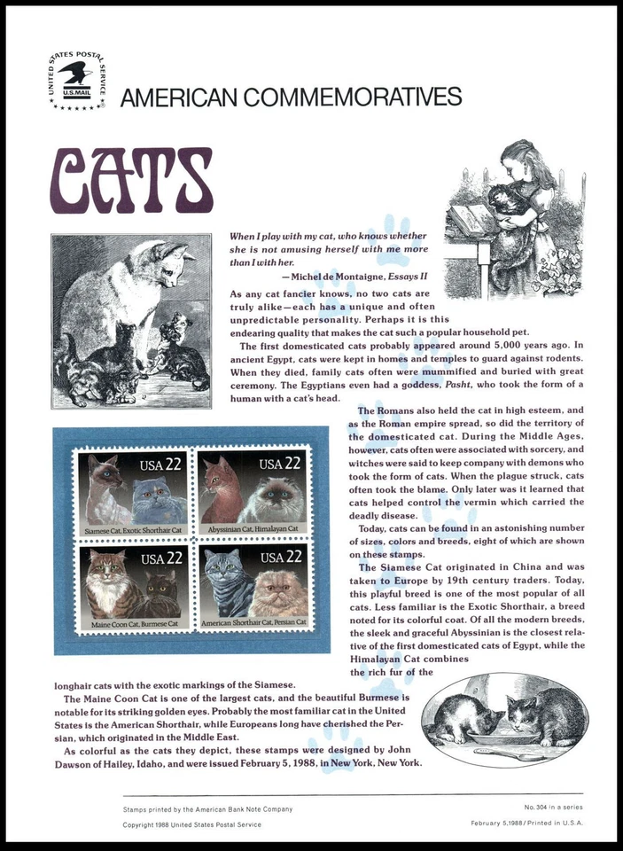 1988 Cats Siamese Maine Coon Persian CP312 commemorative panel 304 MNH Sc 2375a - Image 1 of 1