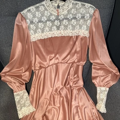 Vtg 70s Prairie Maxi Dress Lace Cottagecore High Neck Victorian Coral Mauve M  - Image 1 of 4