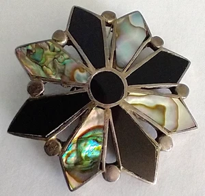 VINTAGE STERLING SILVER TAXCO MEXICO M OCAMPO BROOCH PENDANT ABALONE & ONYX - Picture 1 of 4