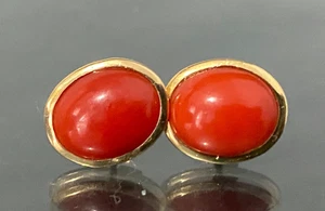 Italian 18K Yellow Gold & Red Coral Stud Earrings - Picture 1 of 4