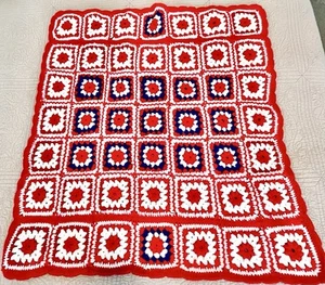 Vintage Afghan Blanket Handmade Crochet Red White Blue Grandmacore 39x42 EUC - Picture 1 of 4