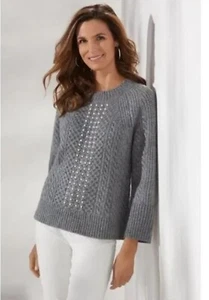 Weiche Umrandung Pullover X-Large grau Noemi Pulli Zopfmuster Perlenakzent XL - Bild 1 von 6