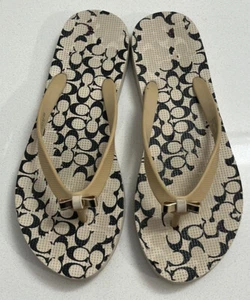 COACH Size 8B Womens Flip Flops Black Khaki, Amel Rubber/SIG C Thong Sandals - Picture 1 of 8