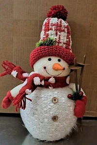 Clearance! Light Up LED SNOWMAN W/Ski Poles Plaid Knit Pom Pom Hat Scarf - Picture 1 of 4