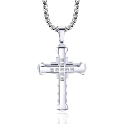 Collar Cruz Multicapa Acero Inoxidable Hombre Acero Inoxidable Circonita Colgante Foto 1 de 4