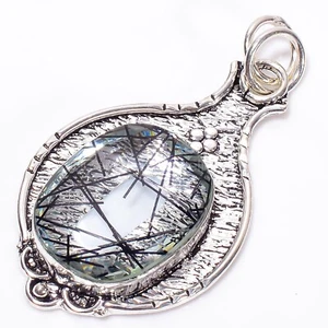 Memorial Day Deal Black Rutile Quartz Gemstone Engagement New Pendant 925 Silver - Picture 1 of 7
