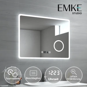 Led Badspiegel 80x60 cm mit Uhr Touch Beschlagfrei Kosmetikspiegel Wandspiegel - Bild 1 von 12